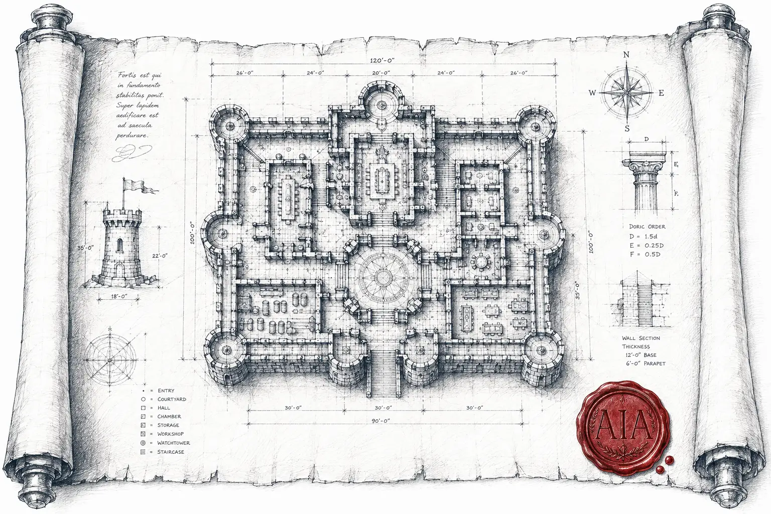 architectural blueprint of a stone citadel