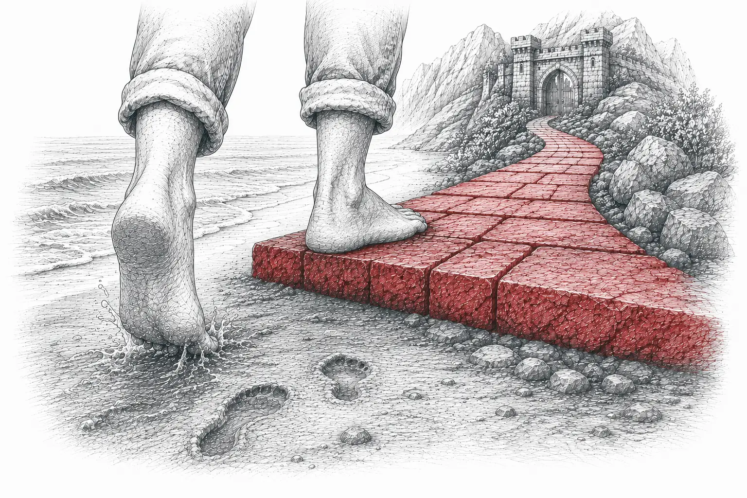 stepping off the beach onto the fortress path